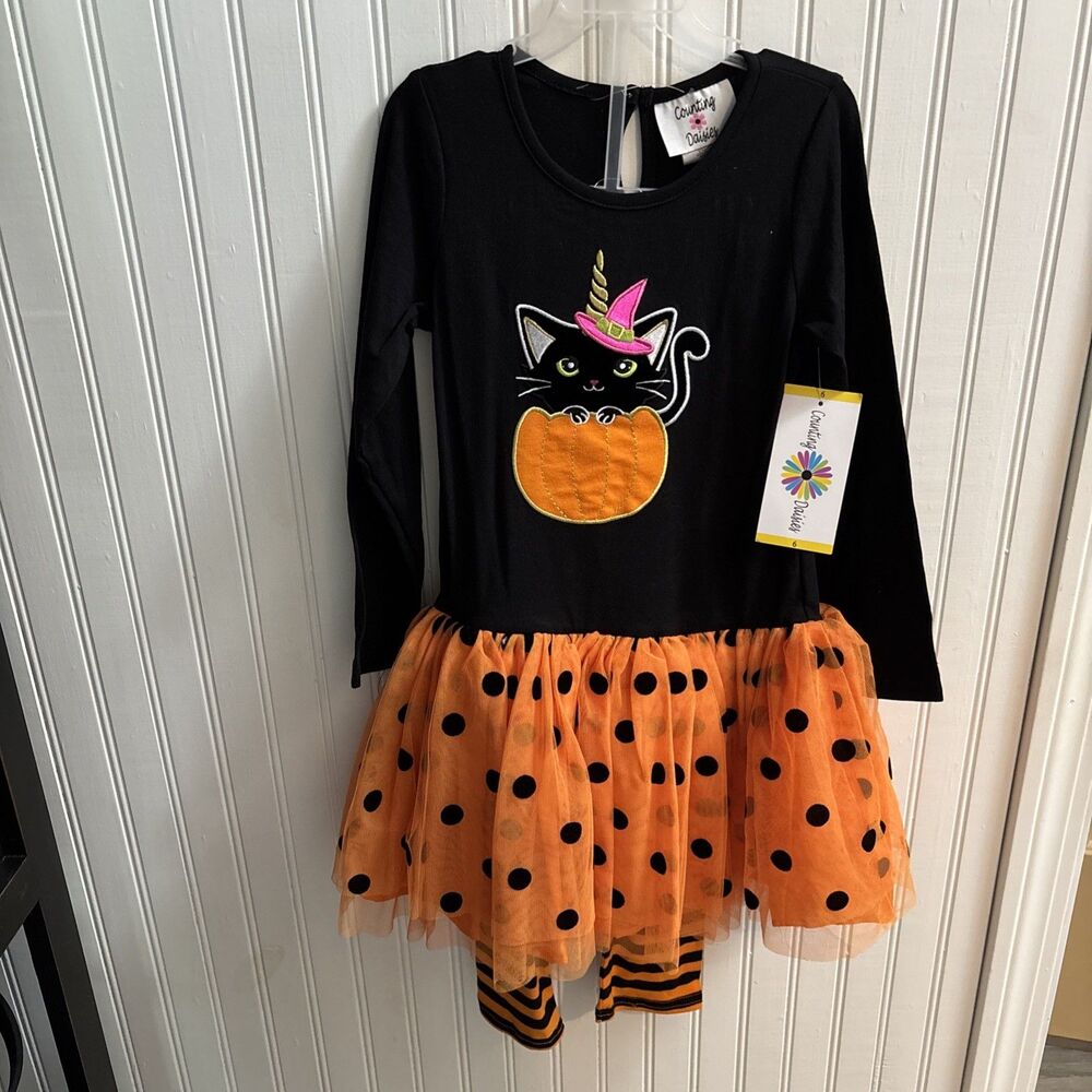 Girls Counting daisies Halloween Outfit Dress Tutu Leggings 2 Pc Set Size 6 NWT